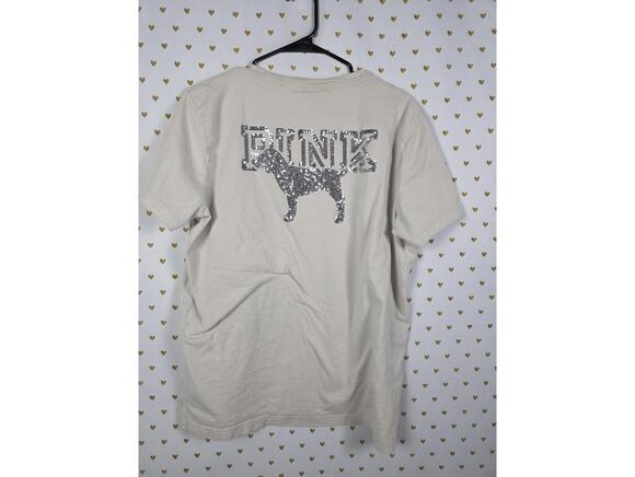 Victorias Secret PINK BLING Silver Sequined dog Logo Pocket Tee Shirt LARGE - Picture 5 of 5